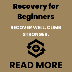 Square banner promoting beginner bouldering recovery tips